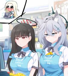 Rule 34 | 3girls, angel&#039;s 24 uniform (blue archive), animal ears, apron, black hair, blue apron, blue archive, blue eyes, blush, breasts, closed mouth, collared shirt, dark halo, extra ears, grey hair, hair ornament, hairpin, halo, highres, large breasts, long hair, mismatched pupils, multiple girls, polo shirt, red eyes, rio (blue archive), shiroko (blue archive), shiroko terror (blue archive), shirt, short sleeves, skyrain315, sora (blue archive), white shirt, wolf ears