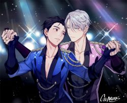 Rule 34 | 10s, 2boys, artist name, black hair, blue eyes, brown eyes, epaulettes, gearous, hair slicked back, holding hands, jewelry, katsuki yuuri, looking at another, male focus, multiple boys, parted lips, ring, silver hair, smile, sparkle, viktor nikiforov, yaoi, yuri!!! on ice