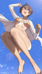 Rule 34 | 1girl, ahoge, ass, bandeau, barefoot, bikini, breasts, breasts apart, chilakkk, food-themed hair ornament, full body, hair ornament, highres, jumping, lemon hair ornament, make heroine ga oo sugiru!, one eye closed, open clothes, open mouth, open shirt, purple eyes, shirt, small breasts, solo, swimsuit, tan, tanline, teeth, thighs, twitter username, upper teeth only, white shirt, yakishio lemon, yellow bandeau, yellow bikini