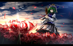 Rule 34 | 1girl, black skirt, blue vest, closed mouth, cloud, cloudy sky, field, flower, flower field, green eyes, green hair, hat, juliet sleeves, letterboxed, long sleeves, looking at viewer, matching hair/eyes, petals, puffy sleeves, rod of remorse, ryosios, shiki eiki, skirt, sky, solo, spider lily, sunlight, touhou