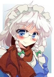 Rule 34 | 1girl, bad id, bad pixiv id, bespectacled, blue dress, blue eyes, blush, braid, dress, female focus, glasses, gradient background, izayoi sakuya, maid, perfect cherry blossom, scarf, silver hair, smile, solo, tama home, touhou, twin braids