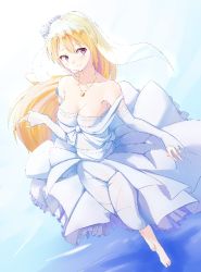 Rule 34 | 1girl, bare shoulders, barefoot, blonde hair, breasts, bridal gauntlets, bridal veil, bride, cleavage, dress, dutch angle, frilled dress, frills, jewelry, large breasts, long hair, looking to the side, necklace, original, purple eyes, smile, solo, suye, veil, very long hair, wedding dress