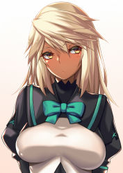 Rule 34 | 1girl, aqua bow, aqua bowtie, blonde hair, bow, bowtie, breasts, closed mouth, dark-skinned female, dark skin, guilty gear, guilty gear xrd, hair between eyes, juliet sleeves, long hair, long sleeves, looking away, looking to the side, medium breasts, puffy sleeves, ramlethal valentine, simple background, solo, takanashi-a, upper body, white background, yellow eyes