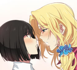 Rule 34 | 10s, 2boys, altessimo, bishounen, black hair, blonde hair, bob cut, catgirl0926, eye contact, gradient background, hair ornament, hair scrunchie, idolmaster, idolmaster side-m, imminent kiss, kagura rei, long hair, looking at another, low ponytail, male focus, multiple boys, open mouth, pink background, scrunchie, simple background, sweatdrop, tsuzuki kei, upper body, yaoi