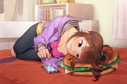 Rule 34 | 1girl, ahoge, barefoot, bed, bedroom, black leggings, blue scrunchie, blush, breasts, brown hair, burger, cellphone, cleavage, closed mouth, commentary, dolphin shorts, drill hair, food, hair ornament, hair scrunchie, idolmaster, idolmaster million live!, indoors, jacket, kamille (vcx68), leggings, leggings under shorts, lens flare, lying, medium breasts, medium hair, on bed, on side, pantyhose, phone, pillow, pink shorts, purple eyes, purple jacket, scrunchie, short shorts, shorts, side drill, side ponytail, sidelocks, smartphone, smile, solo, unzipped, yellow shorts, yokoyama nao
