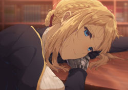 1girl, absurdres, blonde hair, blue dress, blue eyes, braid, braided bun, closed mouth, dress, highres, juliet sleeves, long sleeves, lying, nanashi ato, on table, prosthetic hand, puffy sleeves, red ribbon, ribbon, short hair, solo, table, upper body, violet evergarden, violet evergarden (character)