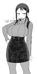 Rule 34 | 1girl, borrowed character, breasts, character request, curvy, greyscale, hand on own hip, high-waist skirt, huge breasts, jitome, long hair, low ponytail, monochrome, pantyhose, ribbed sweater, sidelocks, simple background, skirt, solo, sweater, tsukudani (coke-buta), turtleneck, turtleneck sweater