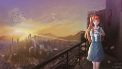 Rule 34 | 1girl, artist name, blue eyes, ciphotis, cityscape, closed mouth, dated, hair ornament, highres, long hair, looking at viewer, neon genesis evangelion, orange hair, signature, smile, solo, souryuu asuka langley, sunset