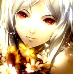 Rule 34 | 1girl, close-up, flower, myhilary, original, portrait, red eyes, silver hair, solo