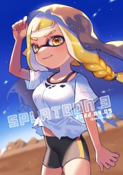 Rule 34 | 1girl, arm up, bike shorts, black shorts, black tank top, blonde hair, blue sky, blurry, blurry foreground, braid, clear sky, closed mouth, commentary, copyright name, dated, day, depth of field, hair tie, highres, inkling, inkling girl, inkling player character, lifted by self, long hair, looking at viewer, midriff peek, nintendo, outdoors, shina shina, shirt, short sleeves, shorts, side braid, single vertical stripe, sky, solo, splatoon (series), splatoon 3, standing, t-shirt, tank top, twitter username, veil, veil lift, white shirt, wind, yellow eyes