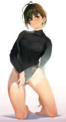 Rule 34 | 1girl, ;), absurdres, antenna hair, arm behind back, black hair, black sweater, blush, breasts, brown eyes, commentary request, heattech leotard, highleg, highleg leotard, highres, kneeling, large breasts, leotard, long sleeves, looking at viewer, maeshimashi, one eye closed, original, ribbed leotard, short hair, simple background, smile, solo, sweat, sweater, tan, tanline, thighs, turtleneck
