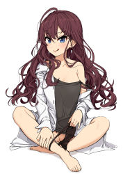 Rule 34 | 1girl, :3, :q, ahoge, bad id, bad pixiv id, barefoot, black panties, blue eyes, breasts, brown hair, cleavage, convenient censoring, dress shirt, earrings, facing away, feet, full body, highres, ichinose shiki, idolmaster, idolmaster cinderella girls, indian style, jewelry, long sleeves, medium breasts, no pants, off shoulder, omaru gyuunyuu, open clothes, open cuffs, open shirt, panties, panties around leg, pinky out, shirt, simple background, sitting, solo, strap slip, tongue, tongue out, underwear, v-shaped eyebrows, white background