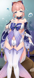 Rule 34 | 1girl, ?, bare shoulders, blunt bangs, blush, breasts, collarbone, deep skin, detached collar, detached sleeves, foreshortening, gem, genshin impact, gloves, gluteal fold, gradient legwear, half gloves, hand on own chest, highres, large breasts, long hair, looking at viewer, navel, parted lips, pink hair, ribbon, sangonomiya kokomi, short shorts, shorts, solo, standing, tassel, tem10, thigh gap, thighhighs, thighs, very long hair, vision (genshin impact), white gloves, white shorts