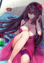 Rule 34 | 1girl, beach, beach mat, bikini, breasts, bridal garter, cleavage, commentary request, crab, cup, disposable cup, drinking straw, fate/grand order, fate (series), flower, food, gae bolg (fate), hair flower, hair intakes, hair ornament, hand in own hair, hibiscus, highres, holding, holding weapon, ice cream, large breasts, looking at viewer, manawana, outdoors, pink bikini, purple bikini, purple hair, purple sarong, red eyes, sarong, scathach (fate), scathach (fate/grand order), scathach (swimsuit assassin) (fate), shade, sitting, smile, solo, swimsuit, weapon