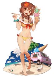 Rule 34 | 1girl, :d, adapted costume, animal ears, barefoot, beach, bikini, bird, bone hair ornament, bow, bracelet, braid, breasts, brown eyes, brown hair, car, cleavage, cloud, collar, collarbone, day, dog ears, dog girl, fang, flower, food, full body, groin, hair between eyes, hair flower, hair ornament, hibiscus, highres, holding, holding food, holding ice cream, hololive, ice cream, ice cream cone, inugami korone, jc (pixiv 66949345), jewelry, leg ribbon, long hair, looking at viewer, low twin braids, medium breasts, motor vehicle, navel, open mouth, outdoors, palm tree, red bow, red collar, red eyes, red flower, ribbon, scrunchie, seagull, seashell, shell, simple background, skin fang, sky, smile, solo, spoon, standing, standing on one leg, swimsuit, tree, truck, twin braids, virtual youtuber, white background, wrist scrunchie, yellow bikini
