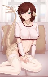 Rule 34 | 1girl, arm warmers, artist name, au ra, warrior of light (ff14), blush, breasts, brown eyes, brown hair, closed mouth, couch, cropped shirt, fictional persona, final fantasy, final fantasy xiv, freckles, green eyes, heterochromia, highres, horns, looking at viewer, medium breasts, medium hair, navel, pillow, shellvi, shirt, short sleeves, sitting, smile, solo, tail, thighhighs, white shirt, white thighhighs, yokozuwari