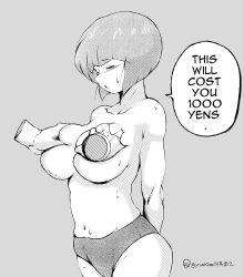 Rule 34 | 1girl, arms behind back, grabbing another&#039;s breast, breasts, closed eyes, commentary, disembodied limb, english commentary, english text, grabbing, greyscale, highres, large breasts, monochrome, navel, panties, ranma 1/2, short hair, solo, sweat, tendou nabiki, twitter username, underwear, upper body, yashiro a. marino