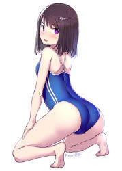 Rule 34 | 1girl, barefoot, black hair, blue one-piece swimsuit, bosshi, commentary request, competition school swimsuit, from behind, highres, kneeling, one-piece swimsuit, original, purple eyes, school swimsuit, short hair, simple background, solo, swimsuit, twitter username, white background