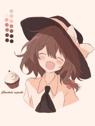 Rule 34 | 1girl, absurdres, black headwear, black necktie, bow, brown hair, closed eyes, color guide, cupcake, english text, food, highres, iris-san, looking at viewer, necktie, shirt, solo, touhou, usami renko, white bow, white shirt