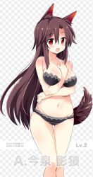 Rule 34 | 1girl, animal ears, bare shoulders, black panties, blush, bra, brown hair, checkered background, grey background, hair between eyes, imaizumi kagerou, jpeg artifacts, long hair, looking at viewer, maturiuta sorato, navel, open mouth, panties, red eyes, solo, standing, stomach, strapless, strapless bra, tail, text focus, thighs, touhou, underwear, underwear only, very long hair, wolf ears, wolf tail