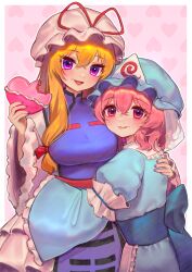 Rule 34 | 2girls, :3, :q, absurdres, blue headwear, blue kimono, candy, chocolate, chocolate heart, closed mouth, commentary request, dress, food, food on face, hat, hat ribbon, heart, highres, holding, hug, japanese clothes, kimono, long hair, long sleeves, looking at viewer, medium hair, mob cap, multiple girls, open mouth, pink eyes, pink hair, purple eyes, purple nails, purple tabard, qiu ju, ribbon, saigyouji yuyuko, smile, tabard, tongue, tongue out, touhou, triangular headpiece, upper body, white dress, white headwear, wide sleeves, yakumo yukari