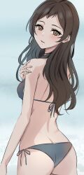 Rule 34 | 1girl, arm at side, armpits, artist request, ass, back, back-tie bikini, bikini, black bikini, black hair, breasts, brown eyes, butt crack, clenched hand, day, expressionless, eyelashes, female focus, from behind, hand on own shoulder, hand up, highres, idolmaster, idolmaster million live!, kitazawa shiho, legs, light blush, long hair, looking at viewer, looking back, midriff, namco, neck, outdoors, parted bangs, parted lips, side-tie bikini bottom, sideboob, sidelocks, sky, small breasts, standing, swimsuit, thighs, turning head, wavy hair