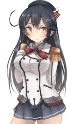 Rule 34 | 1girl, bad id, bad pixiv id, black hair, blue skirt, blush, breasts, brown eyes, buttons, collar, cosplay, cowboy shot, epaulettes, female focus, frilled sleeves, frills, hand on own chest, hat, highres, kantai collection, kashima (kancolle) (cosplay), kashima (kancolle), large breasts, long hair, long sleeves, looking at viewer, military, military uniform, miniskirt, pleated skirt, red ribbon, ribbon, simple background, skirt, solo, standing, tokoi, uniform, ushio (kancolle), very long hair, wavy mouth, white background