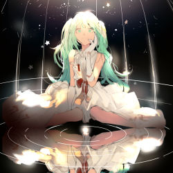 Rule 34 | 1girl, aqua eyes, aqua hair, bare shoulders, bloom, caibaobao (user ncrp5222), dress, elbow gloves, gloves, grin, hand on own face, hatsune miku, knees together feet apart, long hair, looking up, night, night sky, red ribbon, reflection, ribbon, ripples, sitting, sky, sleeveless, sleeveless dress, smile, star (sky), twintails, vocaloid, white dress, white gloves
