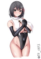 Rule 34 | 1girl, alternate breast size, black gloves, black hair, black leotard, blush, breast curtains, breasts, brown eyes, cowboy shot, cross, cross necklace, elbow gloves, gloves, haguro (kancolle), hair ornament, highres, jewelry, kantai collection, large breasts, latin cross, leotard, looking at viewer, necklace, nun, praying, short hair, solo, tf cafe, twitter username, white background