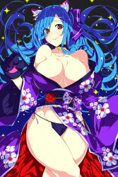 Rule 34 | .live, 1girl, absurdres, animal ears, animal hands, bare shoulders, bell, blue hair, bow, breasts, cat ears, choker, eyes visible through hair, fake animal ears, floral print, hair over one eye, headband, highres, japanese clothes, jingle bell, kimono, large breasts, long hair, long sleeves, looking at viewer, neck bell, obi, off shoulder, open clothes, open kimono, panties, pelvic curtain, purple bow, purple kimono, purple panties, red eyes, sash, sensei (hitagi3594), side-tie panties, smile, solo, sparkle, string panties, thighs, underwear, very long hair, virtual youtuber, wide sleeves, yamato iori
