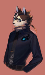 Rule 34 | 1boy, animal ears, belt, black fur, black necktie, black sclera, black shirt, blue eyes, blue fire, closed mouth, collared shirt, colored sclera, commentary request, cropped arms, dog boy, dog ears, eyewear strap, fire, furry, furry male, glasses, looking at viewer, male focus, masanori (housamo), necktie, ponytail, red background, round eyewear, shirt, short hair, snout, solo, sora-ya (uya kyo), tokyo houkago summoners, twitter username, two-tone fur, upper body, white fur