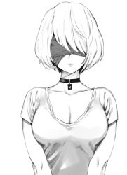 Rule 34 | 1girl, bandages, bandaged head, bandages, breasts, choker, cleavage, commentary request, greyscale, lineart, mellow rag, mole, mole under mouth, monochrome, monochrome, nier (series), nier:automata, parted lips, shading, shirt, short hair, simple background, solo, white background, wrinkled skin, 2b (nier:automata)