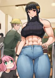 Rule 34 | abs, absurdres, anya (spy x family), black hair, blonde hair, blurry, blurry background, cafe, cromwellb, crop top, denim, father and daughter, formal, green eyes, hair ornament, highres, holding hands, jeans, long bangs, looking up, midriff, mother and daughter, multiple girls, muscular, muscular female, pants, pink hair, red eyes, short hair, spy x family, suit, toned, twilight (spy x family), yor briar