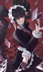 Rule 34 | 1girl, absurdres, akirahong 1130, black dress, card, celestia ludenberg, checkered floor, collared shirt, danganronpa: trigger happy havoc, danganronpa (series), dress, drill hair, floating card, frilled jacket, frills, gothic lolita, headdress, highres, holding, holding card, jacket, lace, lace-trimmed skirt, lace trim, lolita fashion, long sleeves, necktie, open clothes, open jacket, playing card, red background, red eyes, red necktie, shirt, skirt, smile, solo, twin drills, twintails, white shirt