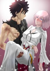 Rule 34 | 1boy, 1girl, alternate costume, black gloves, black hair, black shirt, blood, blood on face, blue eyes, blush, breasts, carrying, cleavage cutout, clothing cutout, commentary request, crying, crying with eyes open, dress, fate/grand order, fate (series), fujimaru ritsuka (male), fujimaru ritsuka (male) (polar chaldea uniform), gloves, hair between eyes, highres, kmvt, large breasts, long dress, looking at another, mash kyrielight, official alternate costume, open mouth, pink hair, pointy hair, polar chaldea uniform, princess carry, purple eyes, shirt, short hair, signature, smile, tears, teeth, torn clothes, torn shirt, white dress