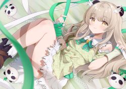 Rule 34 | 1girl, amatsuna sasaha, animal ears, bed, blush, boots, breasts, brown eyes, closed mouth, feather hair ornament, feathers, hair between eyes, hair ornament, highres, indie virtual youtuber, light brown hair, long hair, looking at viewer, ribbon, small breasts, smile, solo, virtual youtuber