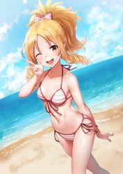 Rule 34 | 10s, 1girl, ;d, arm behind back, bad id, bad twitter id, bare shoulders, beach, bikini, blonde hair, blue sky, bow, breasts, brown eyes, cleavage, cloud, cloudy sky, collarbone, day, drill hair, dutch angle, eromanga sensei, fisheye, front-tie bikini top, front-tie top, hair bow, halterneck, highres, horizon, long hair, navel, one eye closed, open mouth, outdoors, parted bangs, pointy ears, ponytail, side-tie bikini bottom, sky, small breasts, smile, solo, string bikini, striped bikini, striped clothes, swimsuit, twin drills, w, yamada elf