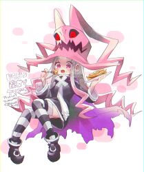 Rule 34 | 1girl, black dress, black footwear, black thighhighs, cape, commentary request, dragon: marked for death, dress, eating, food, full body, hat, holding, holding plate, long hair, long sleeves, multicolored hair, multiple heads, open mouth, pink hair, plate, purple cape, purple eyes, red eyes, solo, striped clothes, striped thighhighs, teeth, thighhighs, translation request, two-tone hair, white hair, white thighhighs, witch, witch (dmfd), witch hat, zukoko rkgk