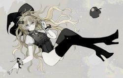 Rule 34 | 1girl, adapted costume, alternate costume, apple, bad id, bad pixiv id, black bow, black footwear, black hat, black ribbon, black thighhighs, blonde hair, boots, bow, brooch, closed mouth, eyebrows, female focus, food, fruit, full body, gloves, hair between eyes, hair bow, hair ornament, hairclip, hat, high heel boots, high heels, jewelry, kirisame marisa, leotard, long hair, looking at viewer, md5 mismatch, monochrome, pale skin, puffy short sleeves, puffy sleeves, resolution mismatch, ribbon, shirt, short sleeves, smile, solo, thigh boots, thighhighs, torang3478, touhou, very long hair, white gloves, white shirt, witch hat, wrist ribbon, x hair ornament, yellow eyes