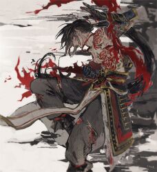 Rule 34 | 1boy, arm tattoo, armor, bare shoulders, battle, black hair, blood, blood on clothes, blood on face, chest tattoo, chinese knot, conohi (snvcenni), fate/grand order, fate (series), from side, japanese armor, long hair, low ponytail, male focus, pants, shoulder tattoo, smirk, smoke, solo, stomach tattoo, tattoo, torn clothes, torn pants, yan qing (fate)