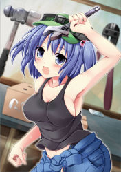 Rule 34 | 1girl, alternate costume, arm up, armpits, bare shoulders, black shirt, blue eyes, blue hair, blush, box, breasts, clothes around waist, collarbone, denim, dutch angle, covered erect nipples, female focus, goggles, goggles on headwear, hair bobbles, hair ornament, hammer, hat, jacket, jacket around waist, jeans, kawashiro nitori, kiki (koikuchikinako), large breasts, matching hair/eyes, navel, no bra, open mouth, pants, pliers, shirt, short hair, short twintails, sideboob, smile, solo, sweat, tank top, touhou, twintails, two side up, unzipped, wrench