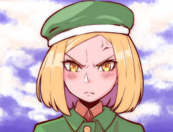 Rule 34 | 1girl, anger vein, angry, arutemawp87, blonde hair, blue sky, blush, cloud, cloudy sky, coat, commentary request, fate/grand order, fate (series), frown, green coat, green hat, hat, highres, looking at viewer, paul bunyan (fate), pixiv fate/grand order contest 2, portrait, short hair, sky, solo, yellow eyes