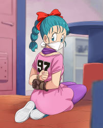 Rule 34 | 1girl, absurdres, arms behind back, ass, bdsm, blue eyes, blue hair, bondage, bound, bound wrists, breasts, bulma, cloth gag, dragon ball, from behind, gag, gagged, highres, improvised gag, lost one zero, medium breasts, over the nose gag, shoes, sideboob, sneakers