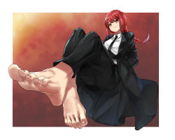 Rule 34 | 1girl, barefoot, black coat, black necktie, black pants, border, braid, braided ponytail, chainsaw man, coat, coat on shoulders, collared shirt, eiji (eiji), feet, floating hair, foot focus, foreshortening, grey background, hands in pockets, highres, looking at viewer, looking to the side, makima (chainsaw man), medium hair, necktie, pants, red hair, ringed eyes, shirt, shirt tucked in, sidelocks, simple background, single braid, solo, white border, white shirt, yellow eyes