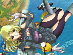 Rule 34 | 1girl, blonde hair, blue eyes, breasts, game cg, moe moe niji taisen, outdoors, solo, torn clothes