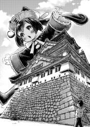 Rule 34 | 1boy, 1girl, architecture, blush, castle, east asian architecture, enma (mythology), giant, giantess, greyscale, hat, highres, jigoku kawaii enma-chan, long hair, mizuno uchi, monochrome, open mouth, osaka castle, outdoors, outstretched arms, shirt, sky, spread arms, t-shirt, twintails, wide sleeves