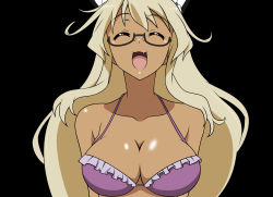 Rule 34 | 1girl, :3, absurdres, bare shoulders, bikini, blonde hair, bra, breasts, cleavage, dark-skinned female, dark skin, closed eyes, fang, glasses, happy, highres, large breasts, lingerie, long hair, mayo chiki!, narumi nakuru, non-web source, open mouth, smile, solo, swimsuit, third-party edit, underwear, vector trace