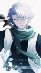 Rule 34 | 1boy, 2022, aqua scarf, black kimono, bleach, character name, closed mouth, commentary request, dated, expressionless, green eyes, hair between eyes, haori, highres, hitsugaya toushirou, holding, holding sword, holding weapon, japanese clothes, katana, kimono, looking at viewer, scarf, short hair, simple background, solo, spiked hair, sumire 1046, sword, upper body, weapon, white background, white hair