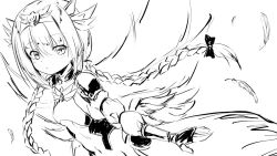 Rule 34 | 1girl, :o, armor, blush, bow, braid, breasts, detached sleeves, feathered wings, feathers, fingerless gloves, gloves, greyscale, hair between eyes, hair bow, headpiece, highres, long hair, long sleeves, looking at viewer, monochrome, navel, original, parted lips, pauldrons, puffy long sleeves, puffy sleeves, shoulder armor, simple background, sketch, small breasts, solo, twin braids, very long hair, white background, wings, yuku (kiollion)