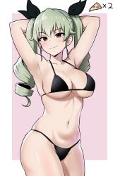 Rule 34 | 1girl, alternate breast size, amogan, anchovy (girls und panzer), armpits, bikini, black bikini, blush, border, breasts, brown eyes, closed mouth, commission, drill hair, food, girls und panzer, green hair, highres, large breasts, long hair, navel, pixiv commission, pizza, pizza slice, smile, solo, swimsuit, twin drills, white border